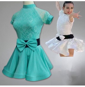 Turquoise white yellow royal blue lace patchwork short sleeves girls kids children gymnastics stage performance professional latin salsa cha cha dance dresses outfits